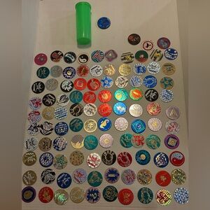 Vintage POGs Lot 104 Pogs + Case & Slammer 1990s Milk Caps Poison Skulls